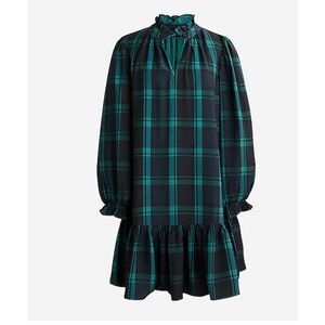J.Crew Women's Ruffle Puff-Sleeve Dress in Black Watch Tartan Size Small Holiday